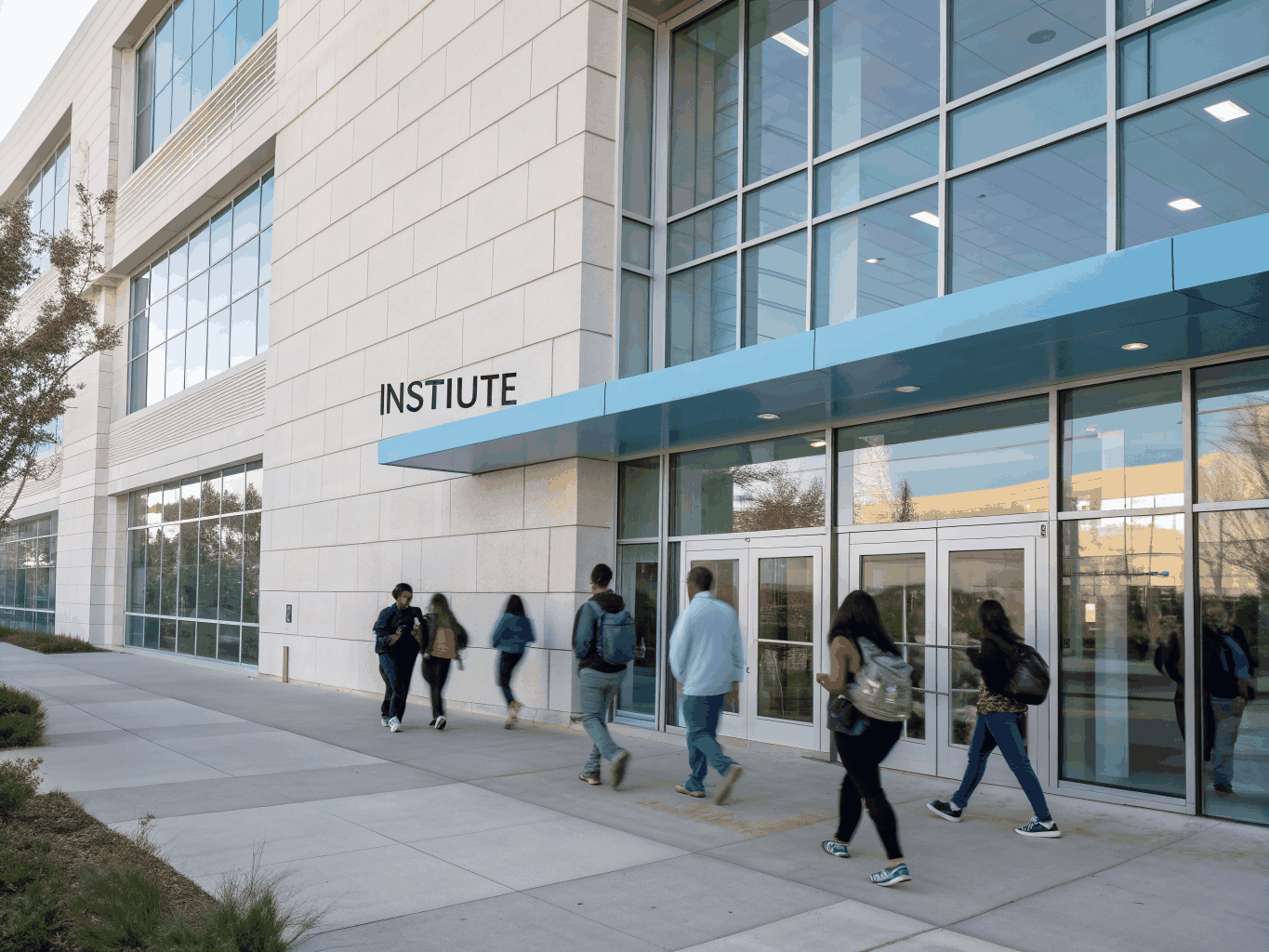 Modern campus building exterior at dusk