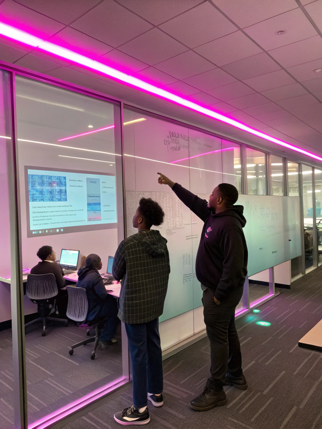 Students looking at an interactive display table