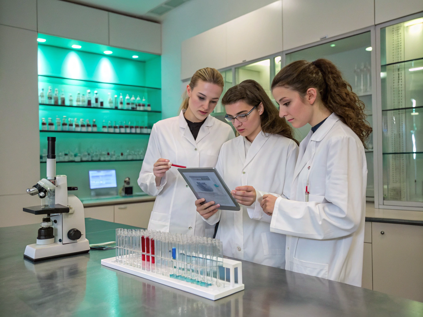 Students conducting experiments in a state-of-the-art medical laboratory