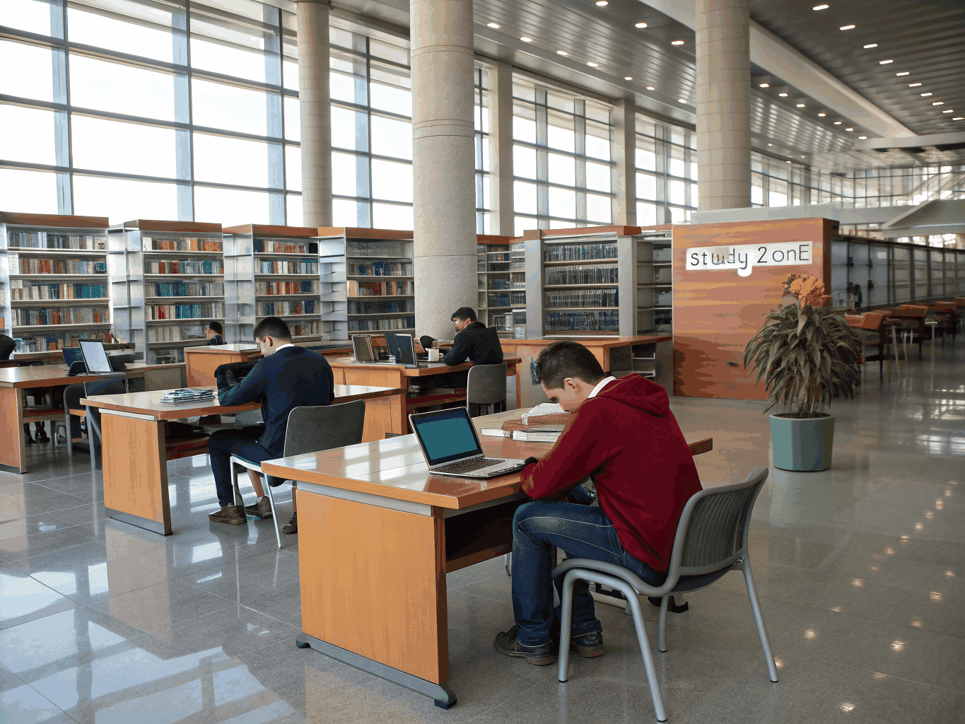 Quiet study area in the main campus library with extensive medical literature
