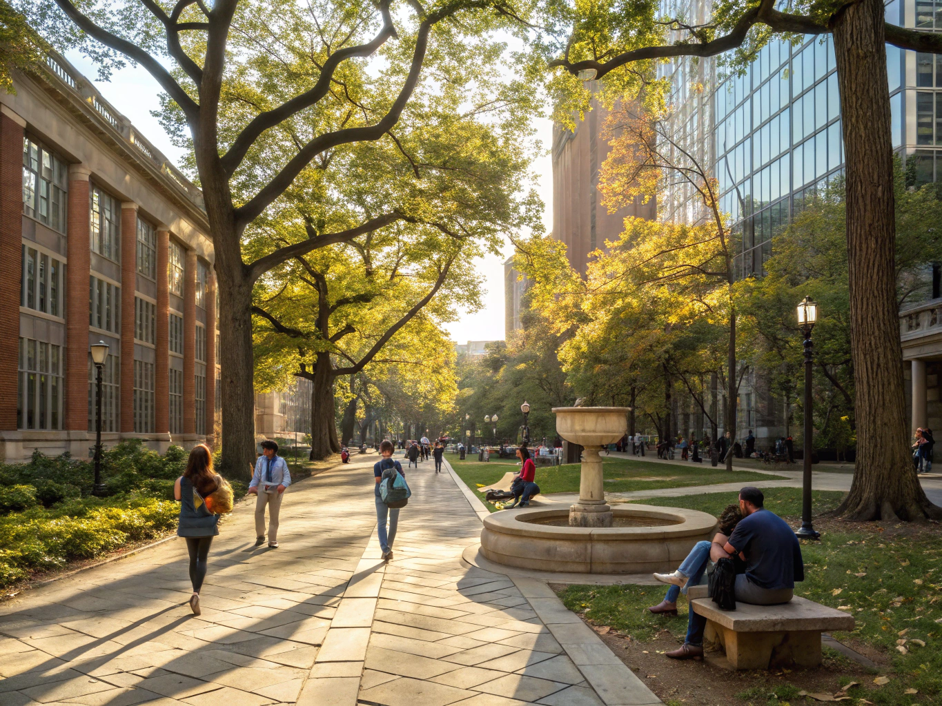 Sunny outdoor campus courtyard where students gather between classes