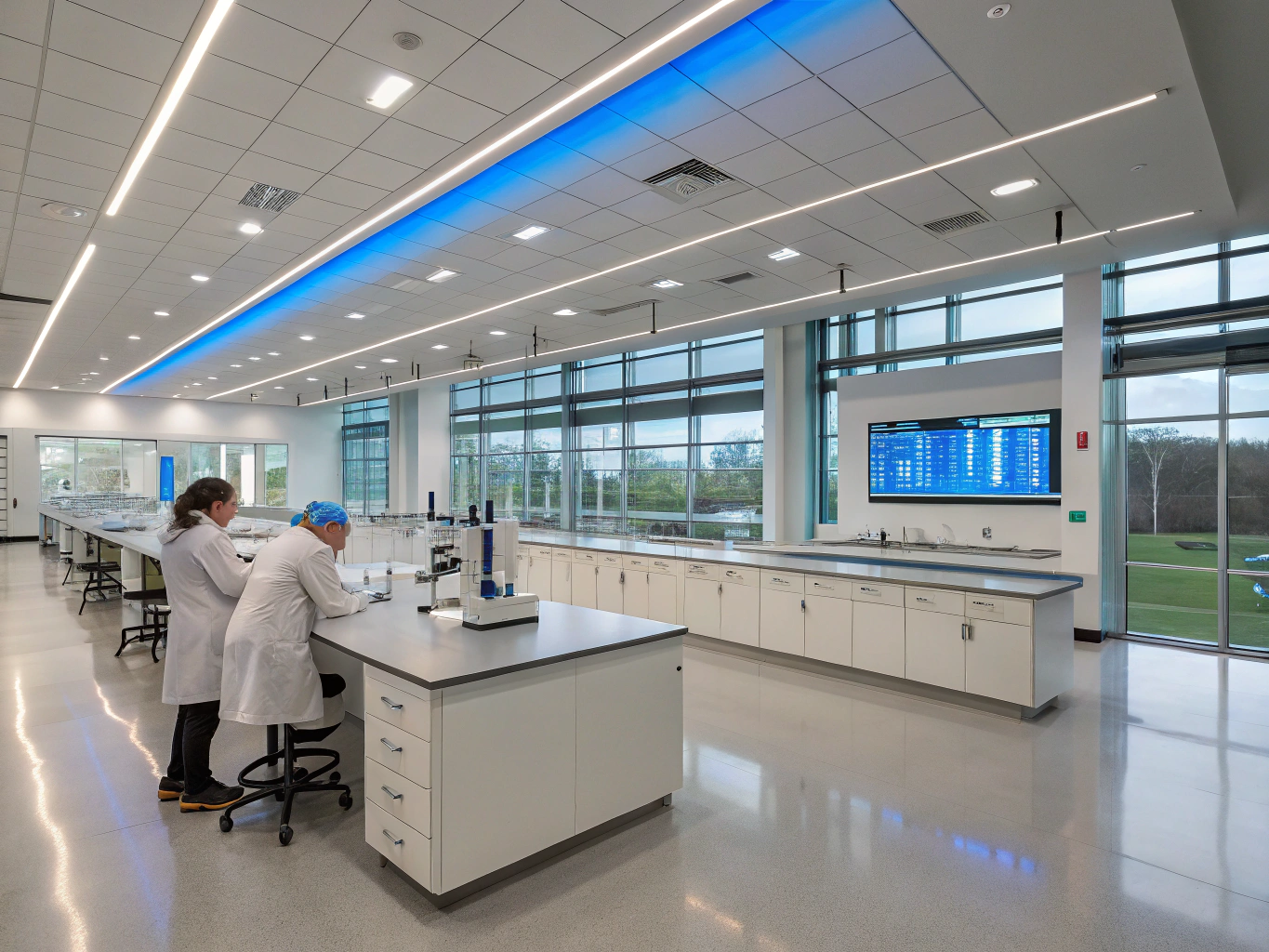 Students working in a bright, well-equipped biology lab