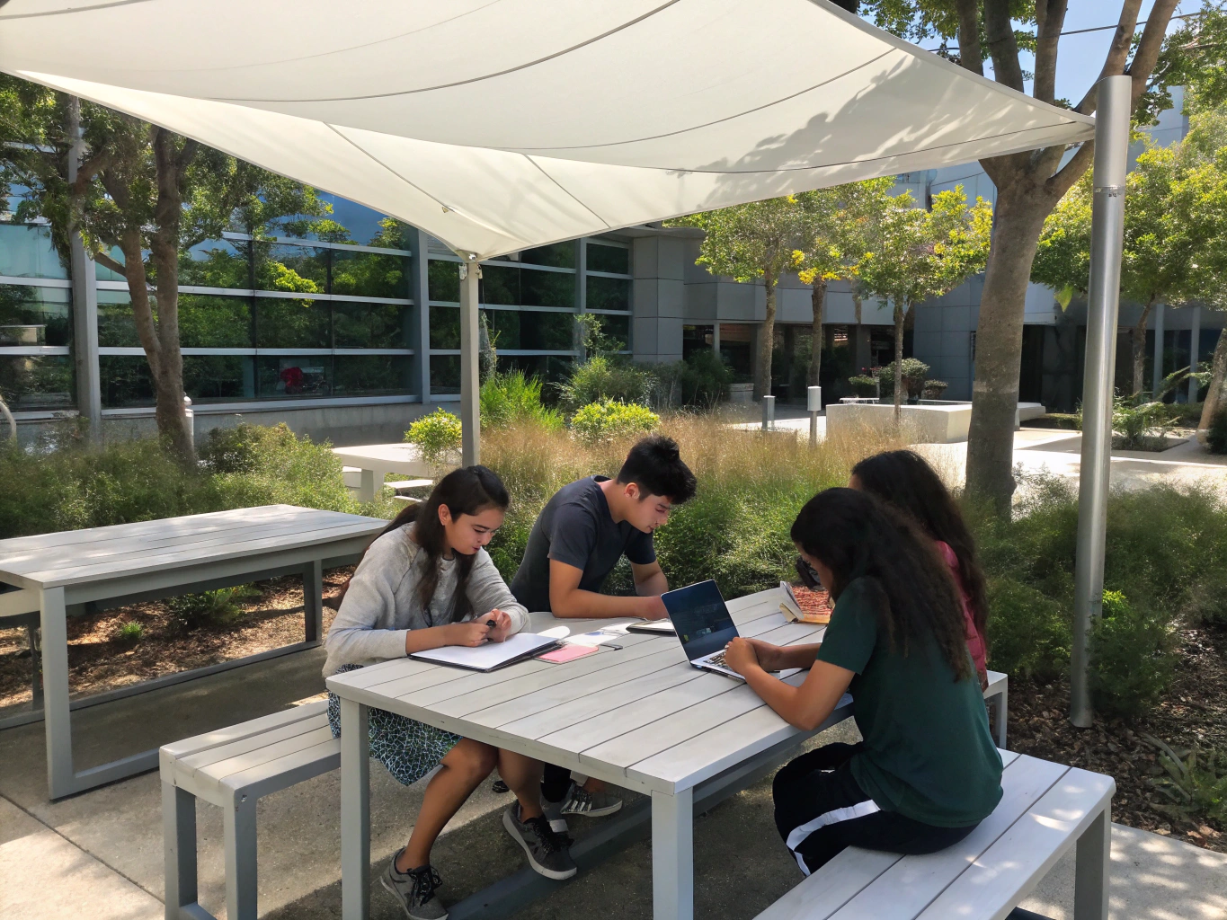 Group of students studying together in the courtyard